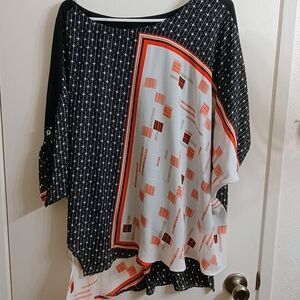 Michael Tyler Chic Black and White Geometric Women's Blouse with Orange Accents